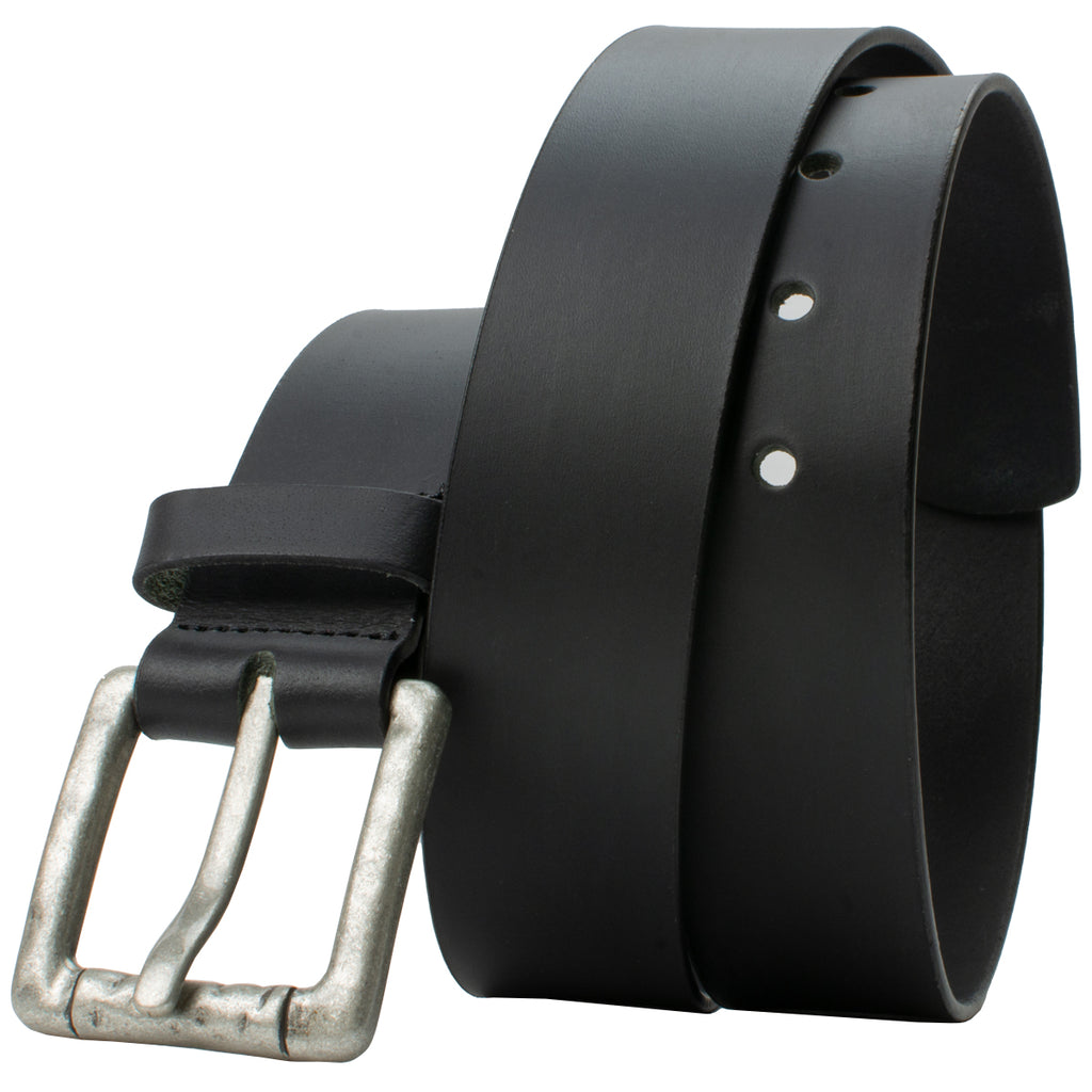 Image of Pathfinder Black Leather Belt with silver square buckle. Nickel Free Buckle. Hypoallergenic Belt