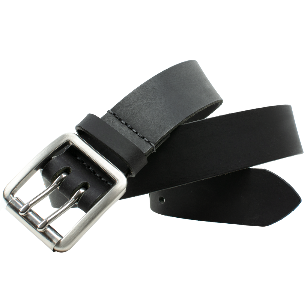 Image of stainless steel roller buckle with dual prongs on full grain black leather belt. Nickel Safe. Heavy Duty Belt