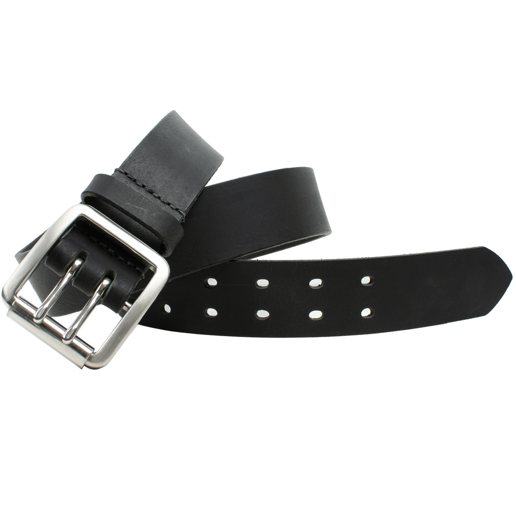 Image of black leather belt with dual holes. Stainless Steel dual prong roller buckle. Nickel Safe. Heavy Duty Work Belt