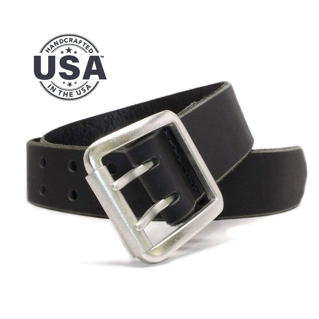 Ridgeline Trail Black Belt. Handcrafted in the USA. Zinc alloy silver-tone buckle, roller feature