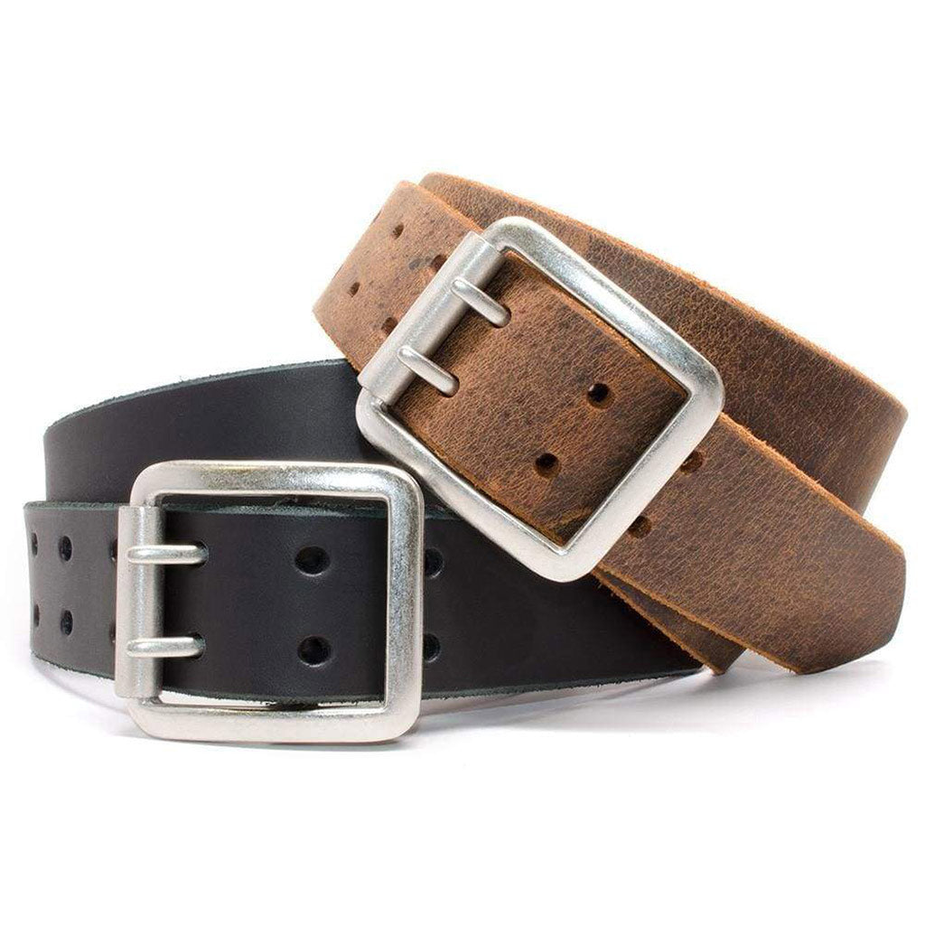 Ridgeline Trail Leather Belt Set by Nickel Smart. One distressed brown belt; one black leather belt.