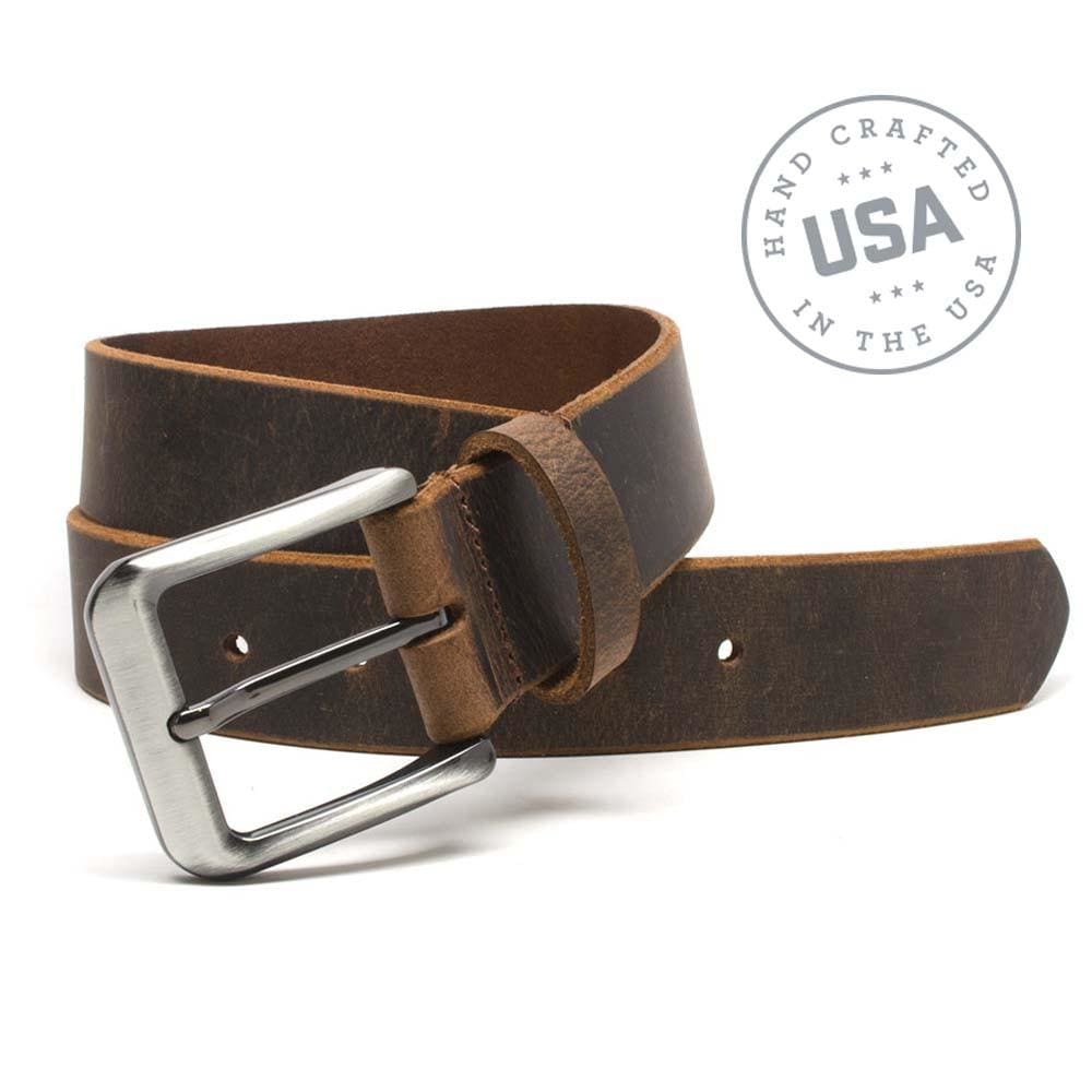 Image of brown distressed leather belt with silver nickel free buckle.  Text on image says Hand crafted in the USA.