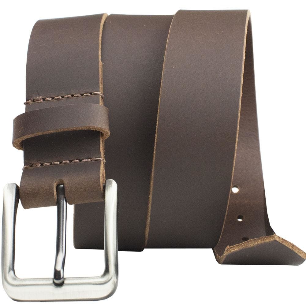 Roan Mountain Leather Belt by Nickel Smart. Brown leather belt, raw edges, casual zinc alloy buckle
