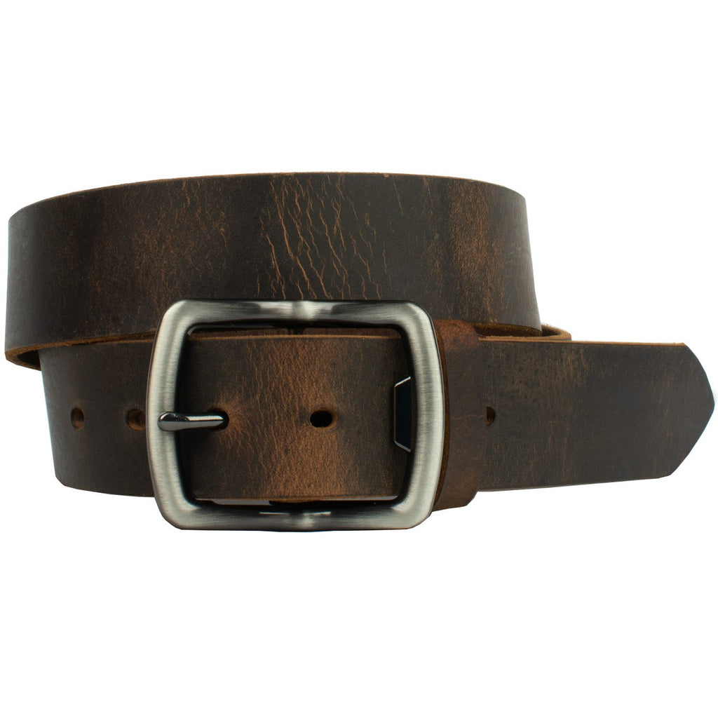 Rocky River Distressed Brown Belt. Dark brown strap lightens when stretched or bent for vintage look