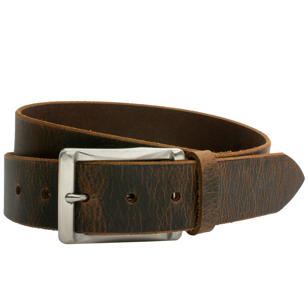 The Site Manager Distressed Leather Brown Belt.  Heavy duty, stainless steel, genuine leather