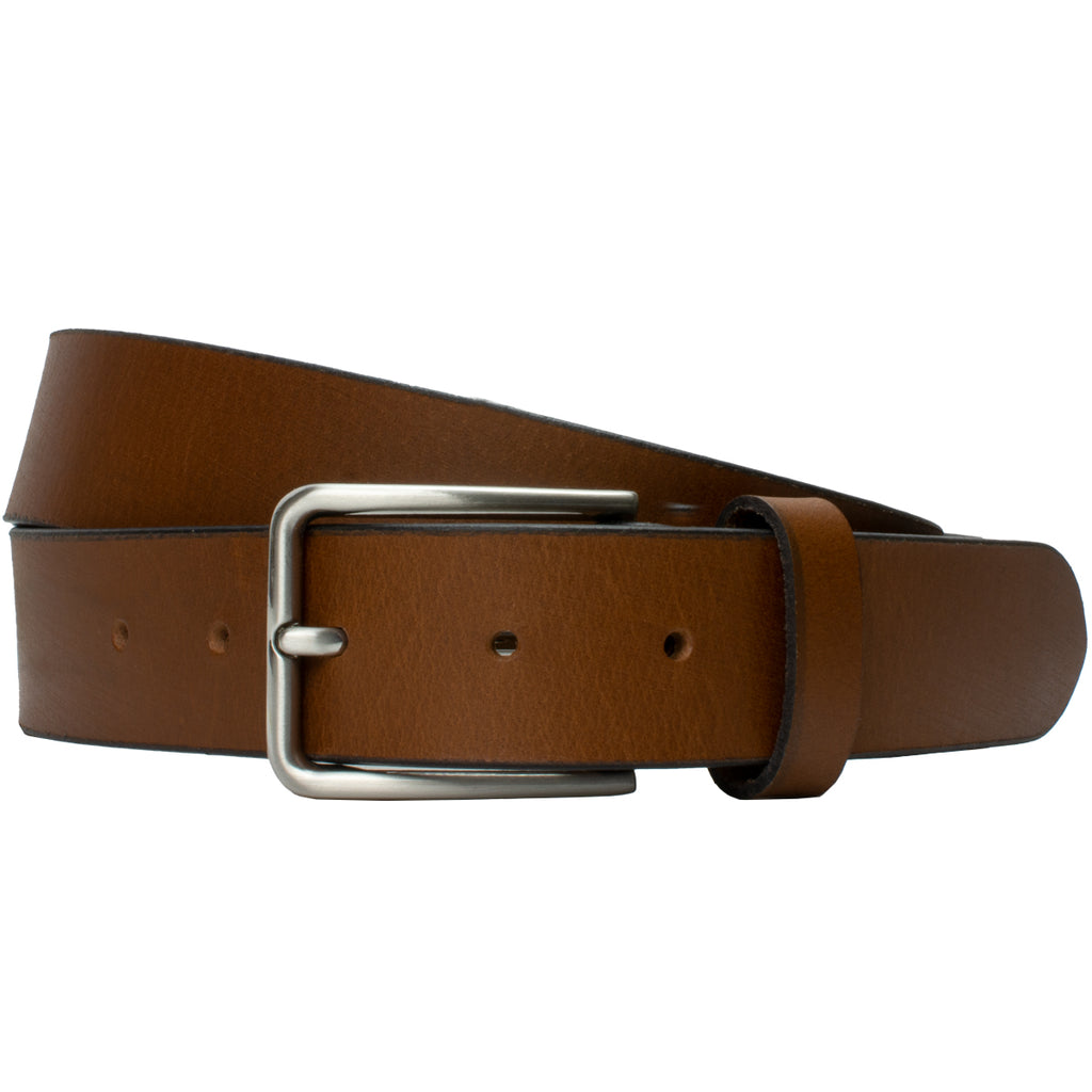 Slick City Brown Leather Belt. Thin, modern rectangular buckle with rounded corners and single pin.