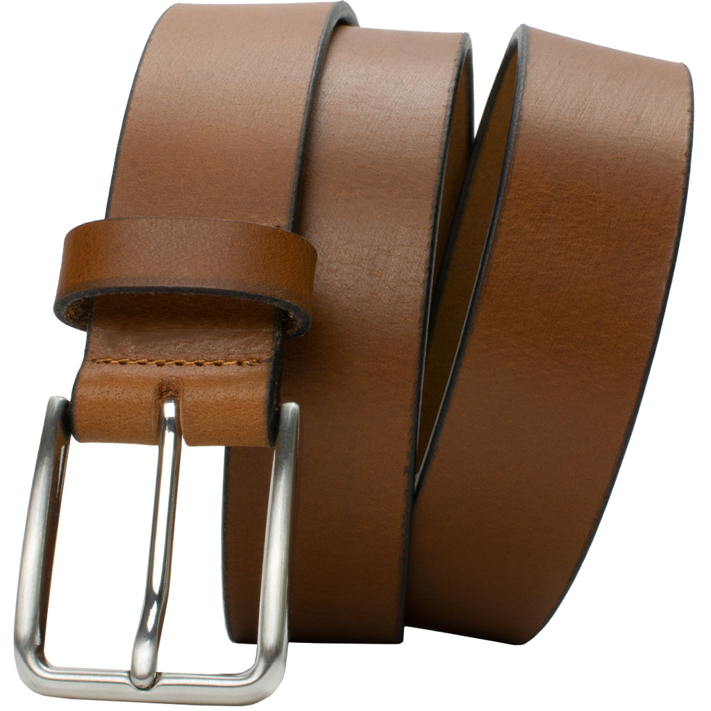 Image of Slick City Brown Leather Belt with silver buckle.  Light brown belt. Full Grain Leather. Nickel Free Buckle. Hypoallergenic belt