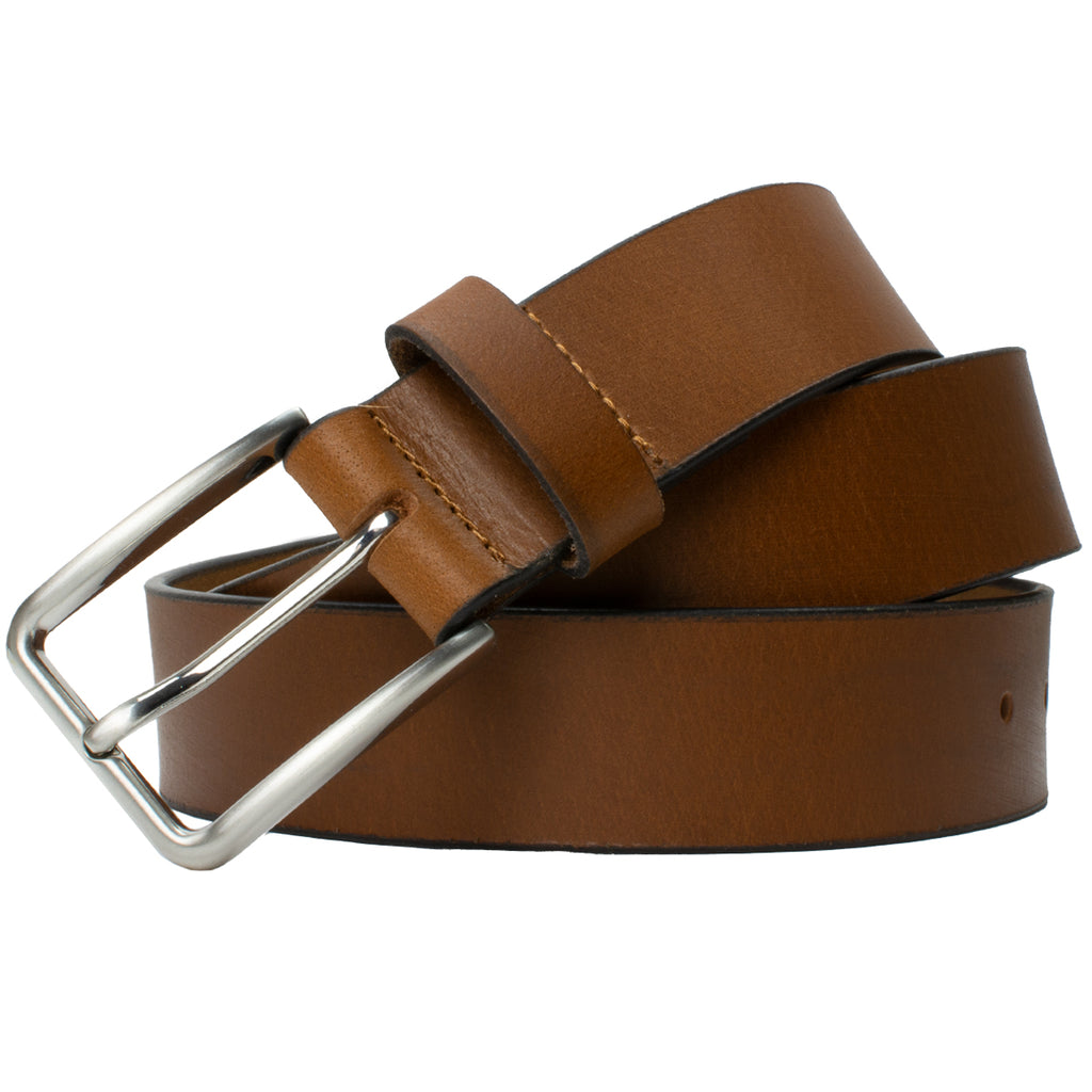 Image of Slick City Brown Leather Belt with silver rectangular buckle. Nickel Free Buckle . Hypoallergenic  Belt