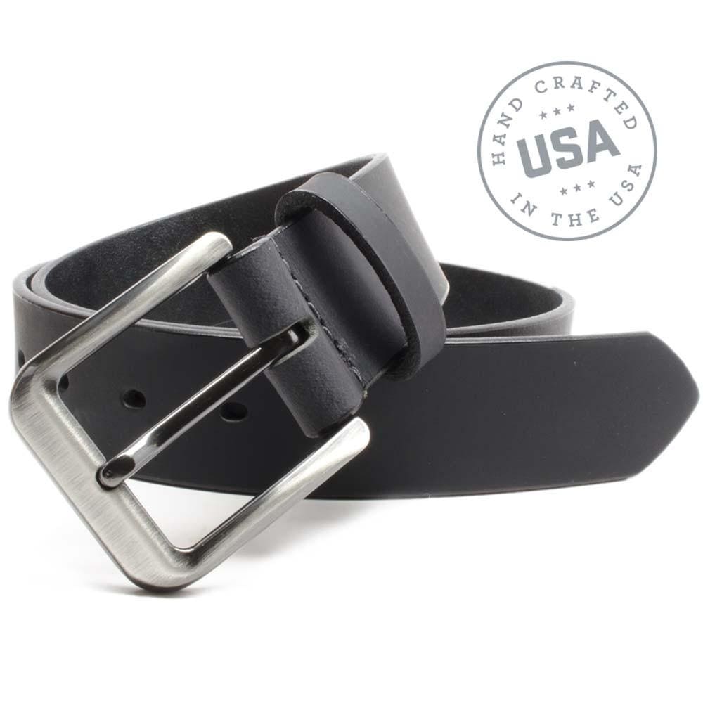 Image of black leather belt with text stating Hand Crafted in the USA. Smoky Mountain Black Belt By Nickel Smart® | genuine leather, Nickel free buckle, 1.5 inches wide