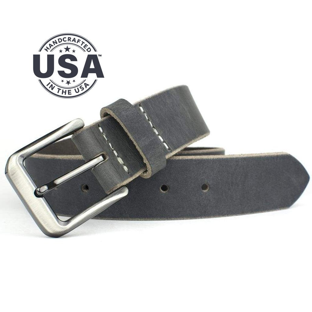 Image of gray distressed leather belt with text that says Handcrafted the USA. Smoky Mountain Distressed Leather Belt By Nickel Smart® | Nickel Free Buckle