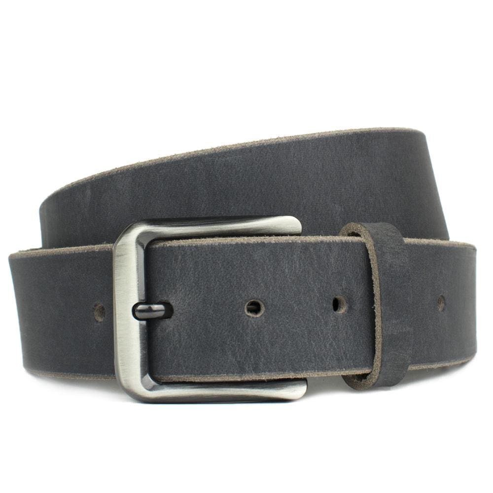 Image of gray leather belt. Smoky Mountain Distressed Leather Belt By Nickel Smart® |  nickel free buckle | Hypoallergenic