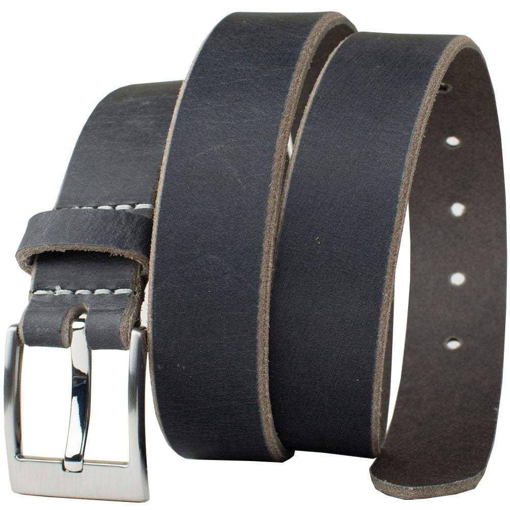 Square Wide Pin Distressed Leather Belt (Gray) by Nickel Smart. Gray strap; raw edges; white stitch.