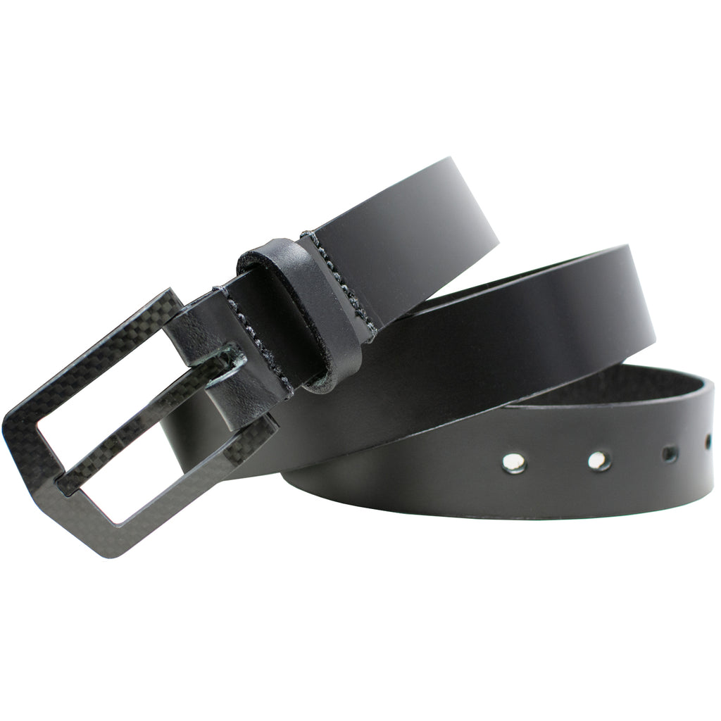 Black leather strap with a curved carbon fiber buckle sewn onto it