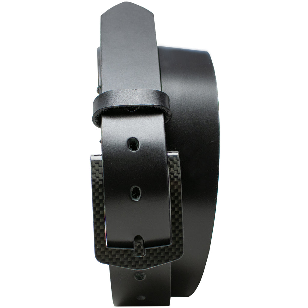 Stealth Black Leather Belt - Curved black carbon fiber buckle is TSA Friendly. USA Made