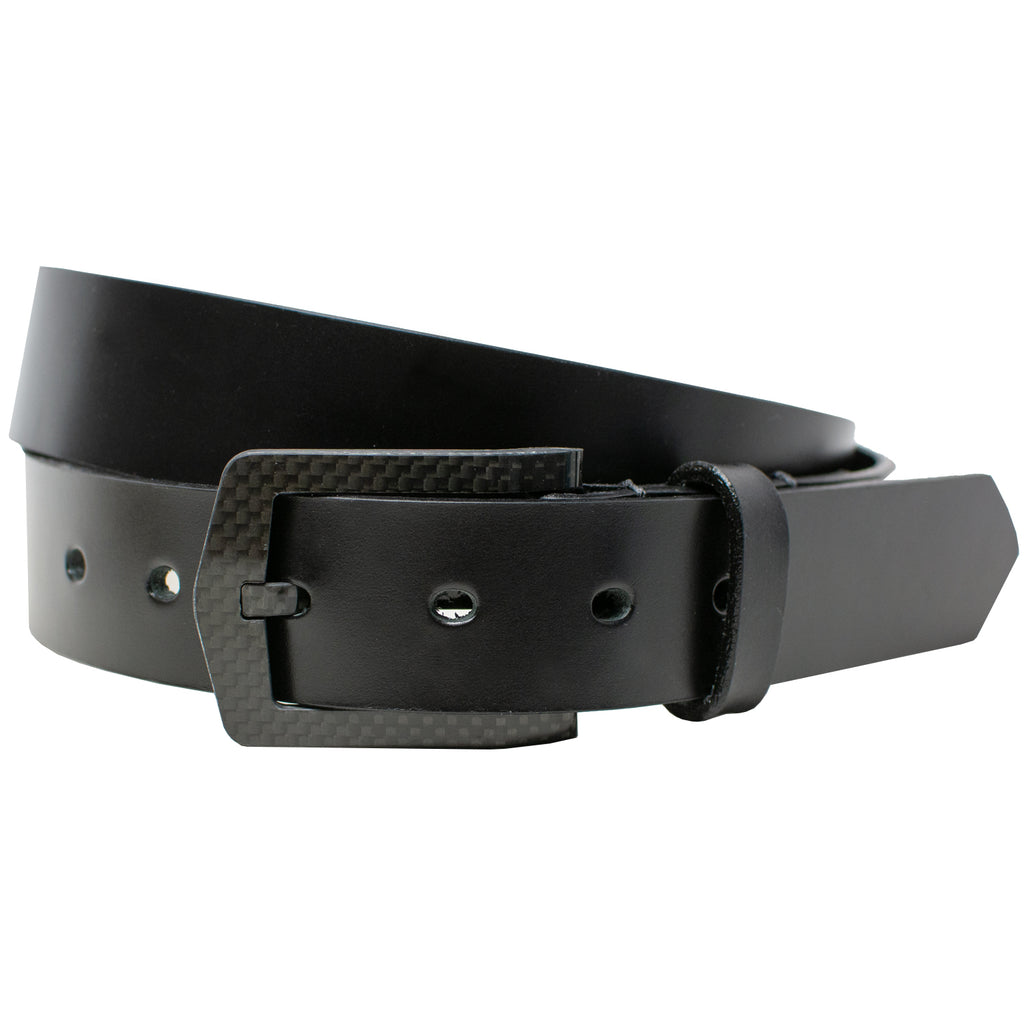 Stealth Black Leather Belt - Curved black carbon fiber buckle is TSA Friendly. USA Made