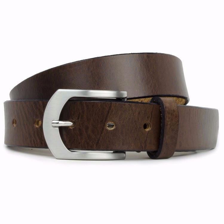 Image of Brown Leather Belt with silver arched buckle.  Buckle is Nickle free and hypoallergenic.  The belt is has a full grain leather strap. Made in USA
