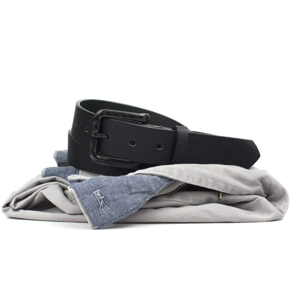 nickel free titanium dress belt buckle modern black Silver Square Leather free and made in the USA. New River Black Belt |