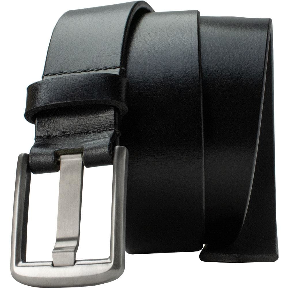 Titanium Wide Pin Black Belt by Nickel Smart. Unique wide pin belt buckle on black leather strap.