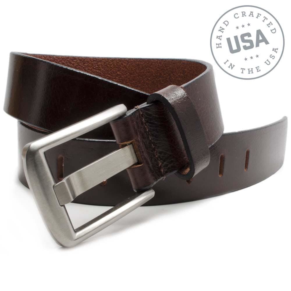 Titanium Wide Pin Brown Belt. Custom wide-pin titanium buckle is rectangular. Hypoallergenic.