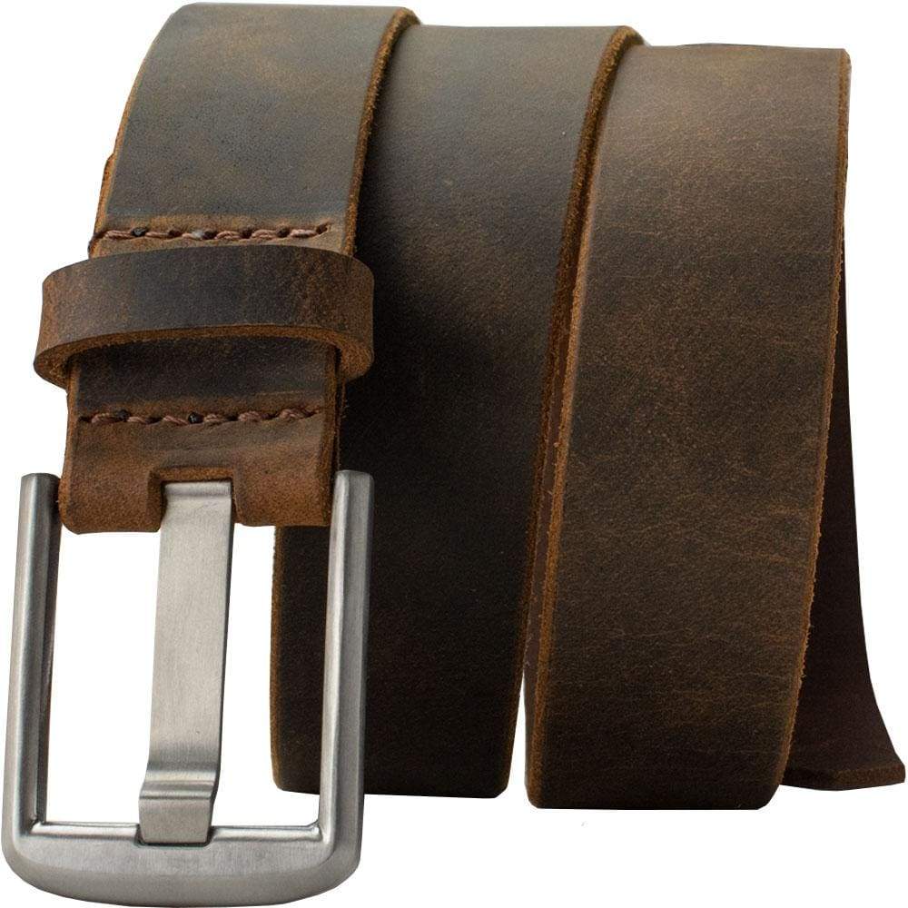 Titanium Wide Pin Distressed Leather Belt by Nickel Smart. Casual brown strap; silver-tone buckle.