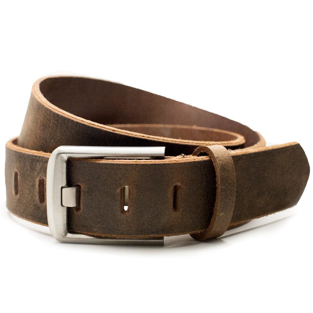 Titanium Wide Pin Distressed Leather Belt. Brown strap has raw edges. Casual, vintage appearance.