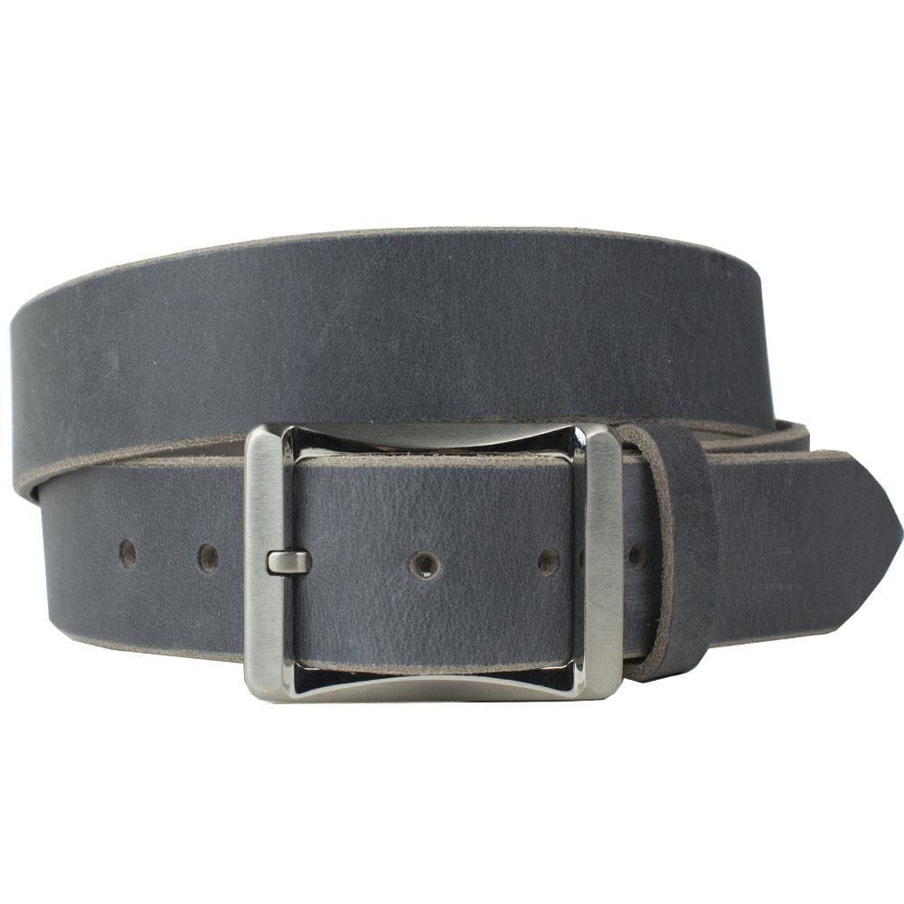 Titanium Work Belt (Distressed Gray). Solid strap of leather. Buckle is rectangular, squared corners